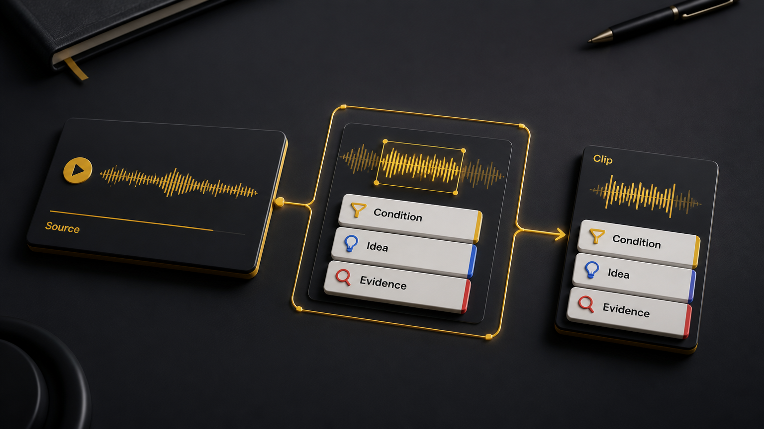 A source recording becomes a shorter clip with its condition, idea, and evidence kept together.