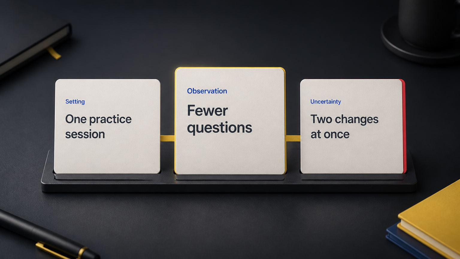 Three connected cards preserve the setting of one practice session, the observation of fewer questions, and uncertainty because two changes happened at once.